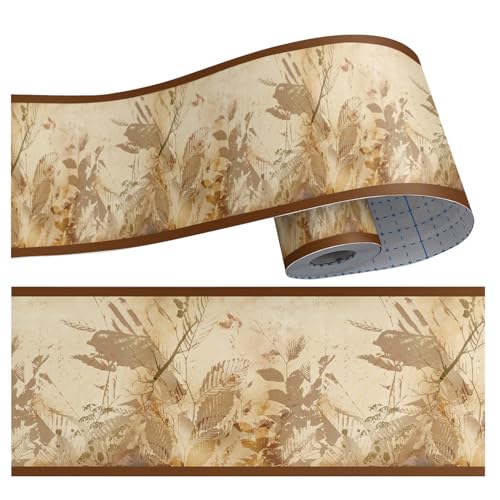 4"x393" Boho Coffee Yellow Brown Abstract Leaf Plant Wallpaper Border