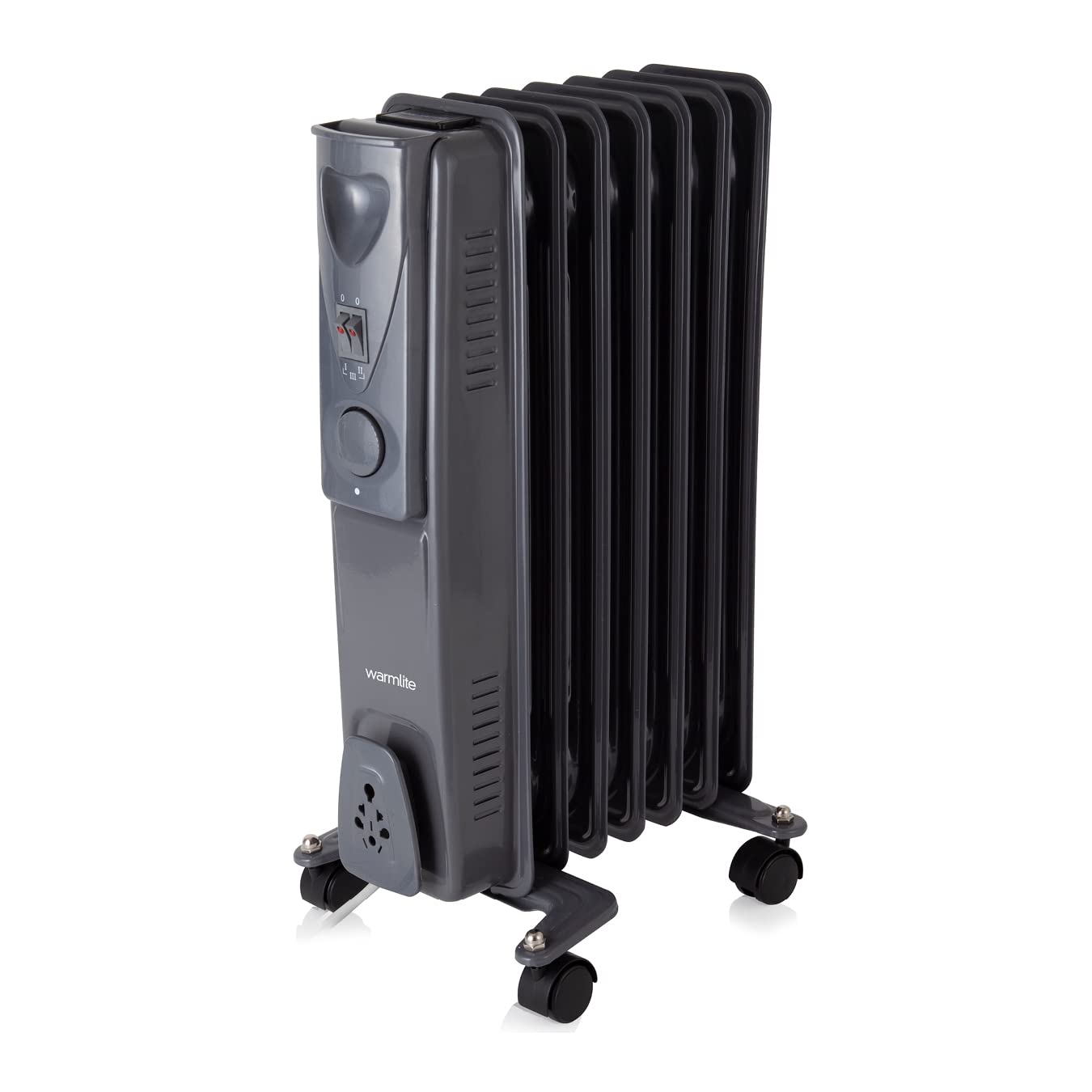 Warmlite Dark 1500W 7 Fin Oil Filled Radiator, 3 Heat Settings, Adjustable Thermostat, Overheat Protection, Easy Glide Castors - Titanium, Wl43003ydt