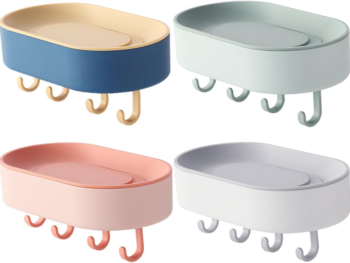 Generic 4pcs Wall-Mounted Soap Holder with Hooks Plastic Soap Dish Tray for Shower and Kitchen in White Pink Navy Blue and Light Blue for Bathroom Organization