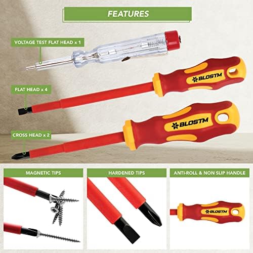 BLOSTM Precision Insulated Screwdriver Set - 7pcs VDE Tested Electrical Screwdriver Set to 1000V, Hardened Black Point Magnetic Tipped Electricians Screwdriver Set with Ergonomic Anti-Roll Design