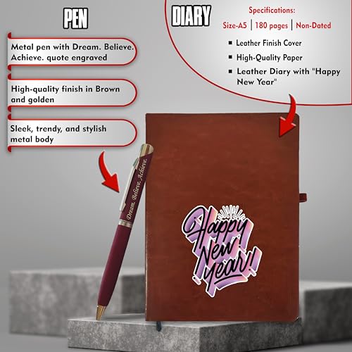 Image of Savri New Year Hamper - Pen with 'Dream. Believe. Achieve.' Quote Engraved, Diary & Infinity Calendar with 'Happy New Year' Engraved -Premium for Professionals, Employees, Corporate, Men & Women (Brown)