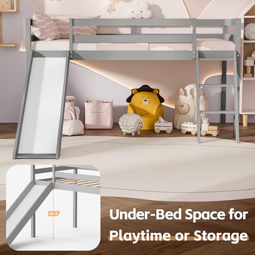 TOLEAD Low Loft Bed with Slide, Wood Twin Loft Bed Frame with Climbing Ladder & Storage Space for Kids Toddler (Grey)
