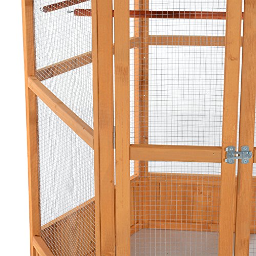 PawHut 69" Large Wooden Hexagonal Outdoor Aviary Flight Bird Cage with Covered Roof, Brown