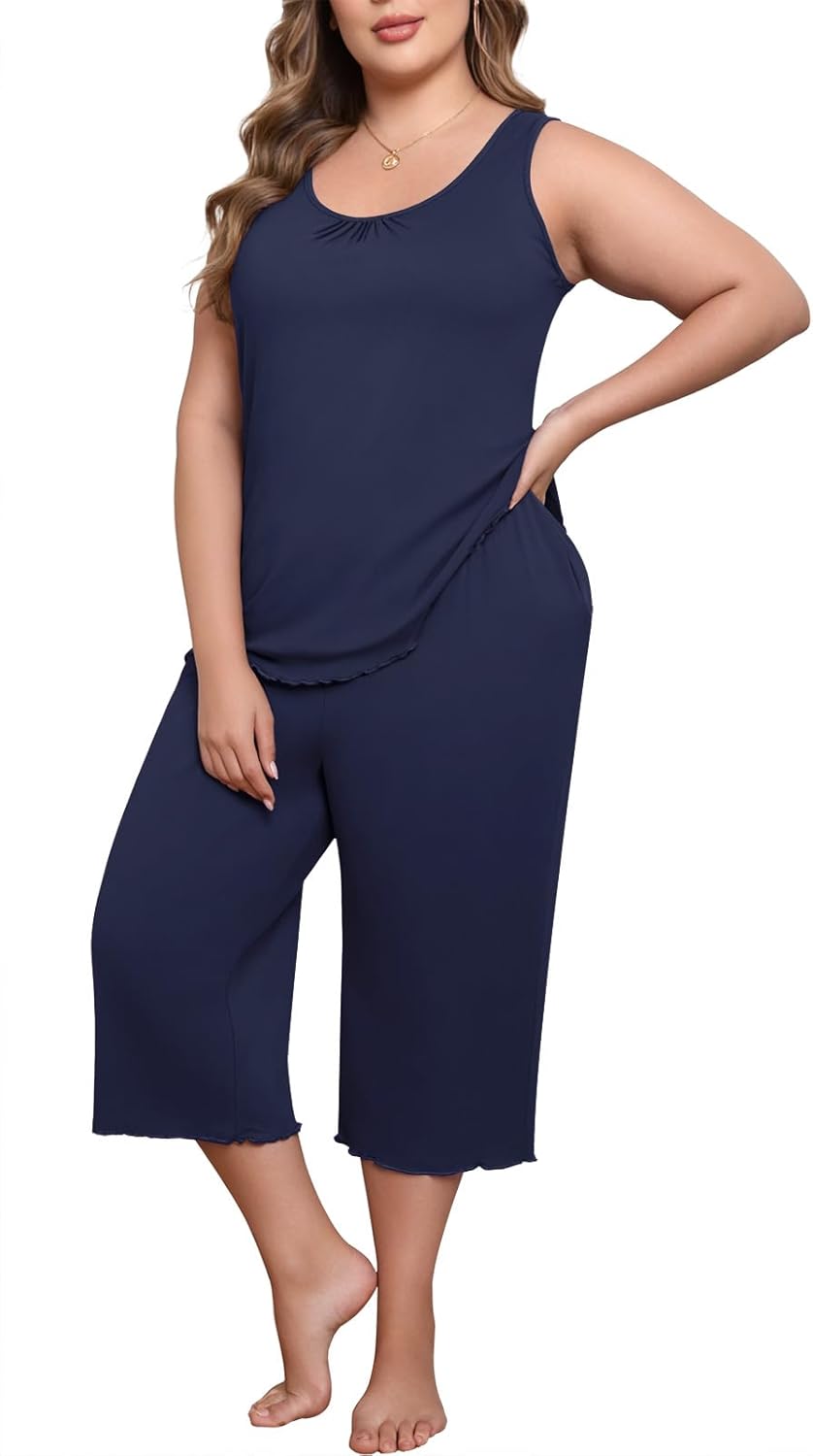 Lastshe Women's Plus Size Pajama Set 2 Piece Sleepwear Soft Cozy Sleeveless Knit Tank Top Capri Pants Lounge PJs with Pockets - Image 3