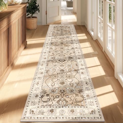 Yamaziot Washable Runner Rug, 2x8 Non-Slip Vintage Floral Hallway Rug with Rubber Backing, Low Pile Non-Shedding Soft Distressed Carpet Runner for Bedroom, Kitchen, Laundry, Entrance