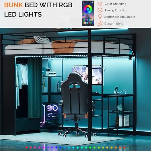 Image of VINGLI Full Loft Bed 15 Inch Extra Tall Safety Guardrail, Wardrobe with Curtain, and Flat Rungs, LED High Double Sleeper with 2 Charging Stations, Desk and Drawer, Heavy Duty Space Saving Bed, Black