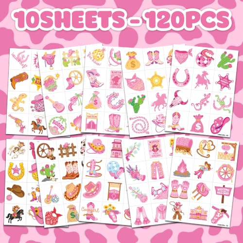Image of 120 PCS Pre-Cut Cowgirl Temporary Tattoos for Kids Birthday Party Favors | Super Cute Disco Western Themed Supplies, Decorations, Pink Fake Tattoo Stickers, Gifts, School Rewards for Girls