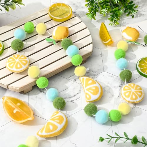Image of JarThenaAMCS Summer Felt Banner 3D Yellow Green Blue Lemon Pom Ball Garland No DIY Required Bunting for Party Supplies Hanging Decoration