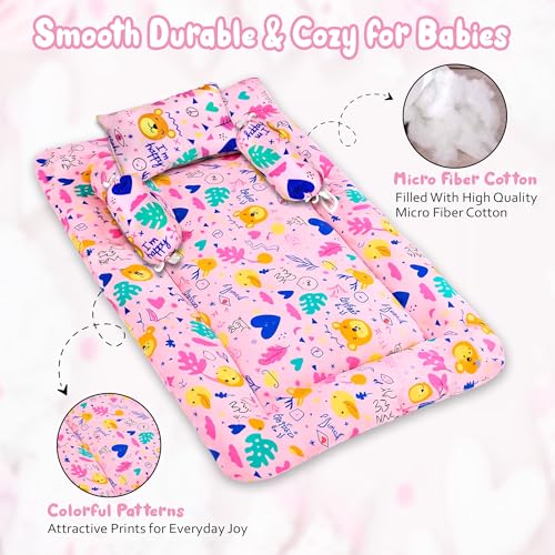 Image of GLUN 4 Piece Newborn Baby Cotton Bedding Set, Pink Colour for Girl (1 Bed, 2 Round Pillow, 1 Head Shaping Pillow), High Quality Fibre Cotton, Maternity, Newborn Essentials Accessories