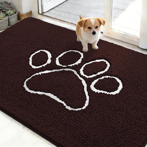 OLANLY Dog Door Mat for Muddy Paws 48x30, Paw Print Design Chenille Mud Mat
