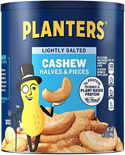 PLANTERS Lightly Salted Cashew Halves & Pieces, 14 oz Canister (Pack of 3), Cashews Roasted in Peanut Oil with Sea Salt, Snacks for Adults, Resealable Lid for Long-Lasting Freshness, Kosher
