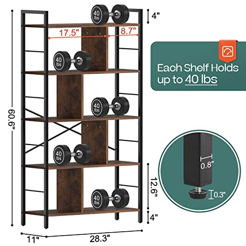 Yoobure 5 Tier Tall Bookshelf, Industrial Book Shelf Storage Bookcase, Open Wood Display Shelves, Corner Book Case Metal Shelving Unit For Bedroom, Standing Bookshelf For Living Room, Office, Kitchen #TOP2