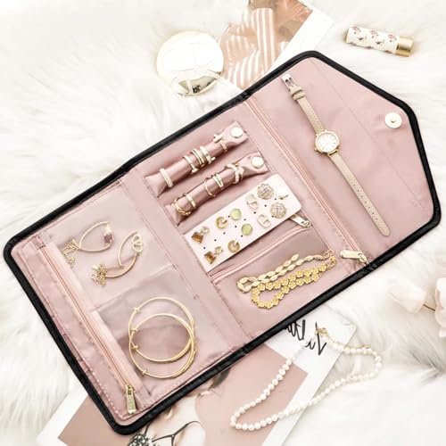 Faltbare Reise Schmuck Organizer,Leder Schmuckaufbewahrung Schmuckrollen Tragbare,Aufbewahrungstasche für Schmuck, Schmuckrolle Organizer Tasche für Ohrringe Halsketten Ringe Armbänder Uhren (Schwarz)