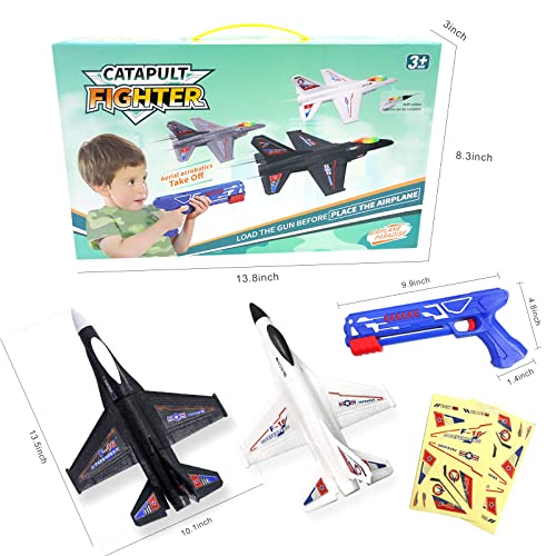 Kids Airplane Toys With Launcher, 2Pack 13.3" Jet F-16 Fighter Foam Plane Include Stickers, Christmas Birthday Gift Outdoor Toys For 3 4 5 6 7 8-12 Year Old Boys Girls, Fun Toy Shooting Game #TOP5