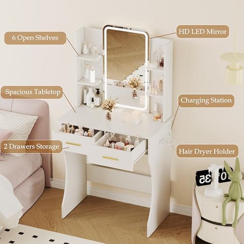 Image of BORNOON Vanity Desk with Mirror and Lights, Small Makeup Vanity Desk with Charging Station, Bedroom Vanity Table with Drawers, Storage Shelves, RGB Ambient Light and Hair Dryer Holder