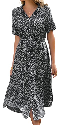 Livonmone Vestido de verano para mujer, manga corta, informal, cuello en V, estampado floral, vestido de playa, vestido de cóctel, vestido de fiesta con cinturón, Negro , M Cover