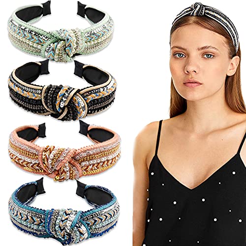 Kaiersi 4 Pieces Knot Headband Wide Turban Head band for Women Girls Vintage Top Knoted Embroidery Pearls Headbands Non Slip Rhinestone Hair Accessories Shinny Turban Headbands