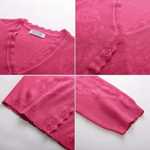 Kate Kasin Hot Pink Cropped Cardigans for Women Lightweight 3/4 Sleeve Button Down Crochet Knit Textured Shrug Sweaters Top Large — view 5