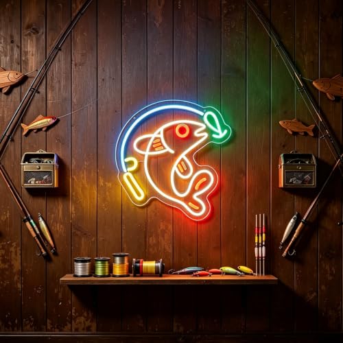 KATMBFUE Fishing Neon Sign, Dimmable Fish Neon Light for Wall Decor, LED USB Powered Fish Hook Lights for Fishing Store Man Living Room Boys Gifts 15.74 * 15.74 inches — view 2