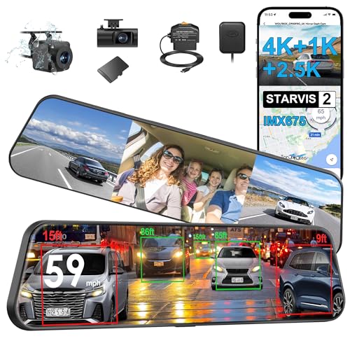 RoadWitness 12” 3 Channel 4K Mirror Dash Cam Front Rear Inside, Sony STARVIS 2 IMX675 Night Vision Dash Camera, BSD Blind Spot Detection, 5.8GHz WiFi, GPS, 24H Parking Mode, 128GB Card Included