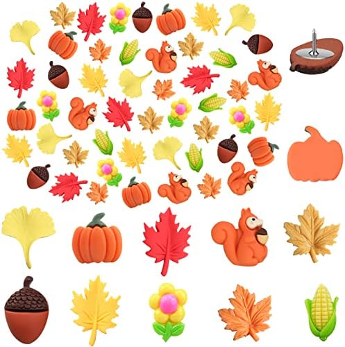50 Pcs Autumn Decorative Push Pins, Fall Thumb Tacks Decoration, Thanksgiving Pushpins, Maple Leaves Sunflower Pine Cones Thumbtacks for Photo Wall Cork Board Bulletin Board Home Wall Decorations