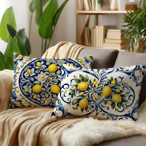 Image of Blue and Yellow Summer Mediterranean Lemon Small Decorative Lumbar 12x20 Pillow Covers Decor,Amalfi Coast Italian Decorative Throw Pillow Cover for Home Room Decor Double-Sided Set of 2