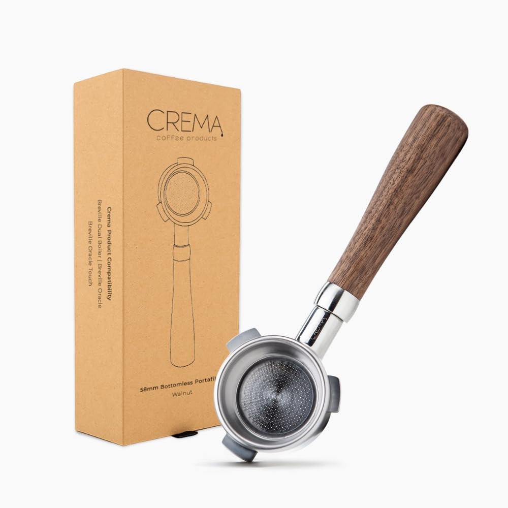 CREMA Coffee Products 58mm Bottomless Naked Portafilter | Compatible with 58mm Breville Machines | Includes Double Shot Filter Basket | Walnut