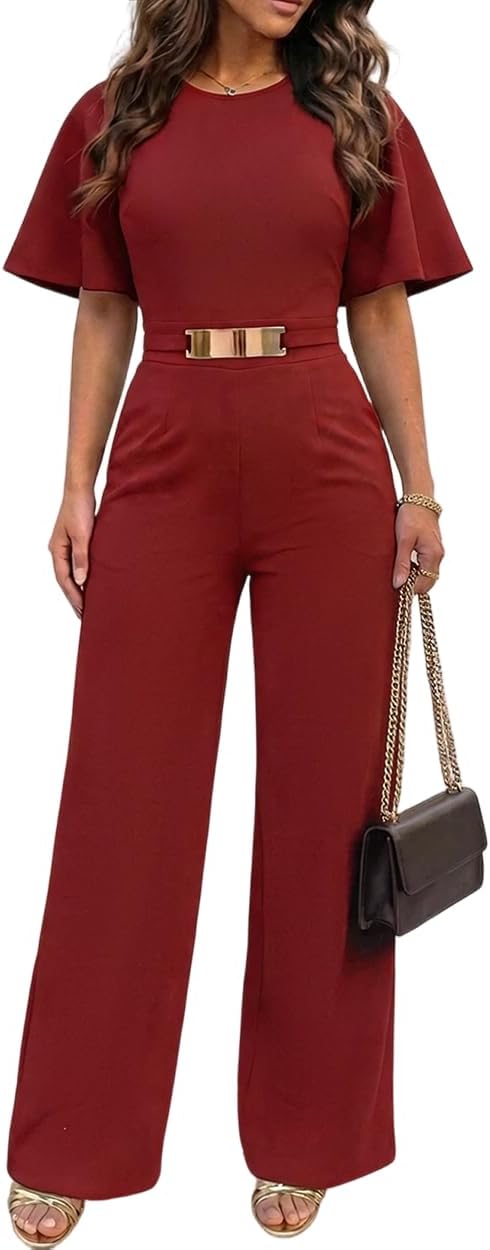 CHICME Womens Jumpsuits Dressy Short Sleeve Waist Metal Decor Long Romper Wide Leg Jumpsuits Business Casual Outfits