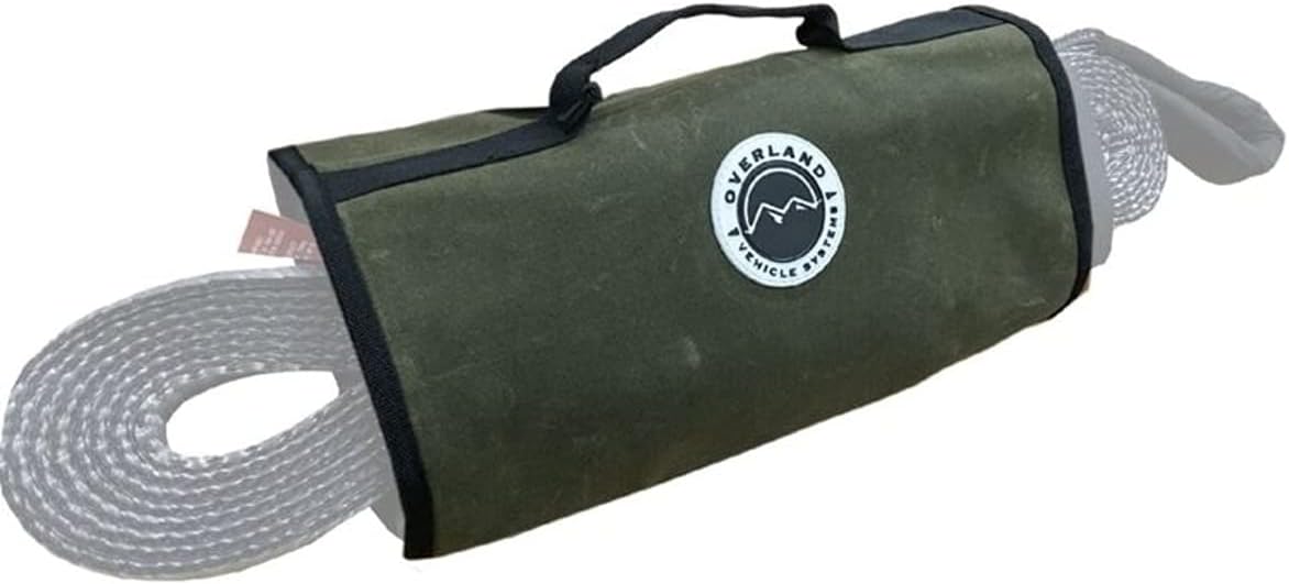 Overland Vehicle Systems Recovery Wrap Storage Bag - #16 Waxed Canvas - Infused with Paraffin Wax Waterproofing - 2 Storage Pouches for Shackles -1 Pouch for Snatch Block - 1 Buckle for Tow Straps