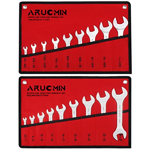 Arucmin Super-Thin Open End Wrench Set, 18-Piece Sae & Metric 1/4" To 1-1/16" And 5.5Mm To 27Mm Chrome Vanadium Steel Wrench Set With Rolling Pouch #TOP9