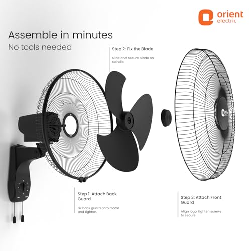 Image of Orient Electric Wall 97 | High Speed Wall Fan for Home | 100% Copper Motor | 90 Degree Oscillation with Tilt Mechanism | 3 Speed Pull Cord | Thermal Overload Protection | Military Grade Guard | Black