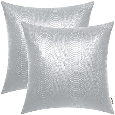 BRAWARM Silver Leather Throw Pillows 18 X 18 Inches, Snake Leather Pillow Covers Pack of 2, Faux Leather Decorative Pillow Covers for Couch Living Room Garden Bed Sofa Home