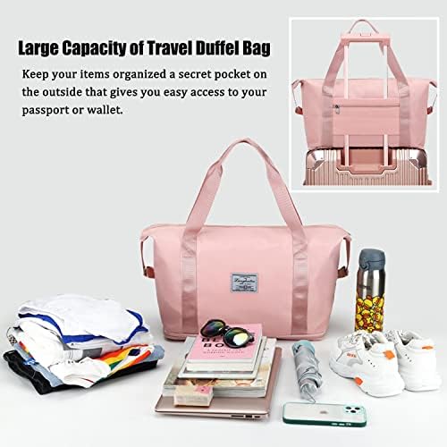 Travel Duffel Bag,Ann Bully Expandable Sport Tote Gym Bags Reusable Carry on Bag, Large Waterproof Foldable Shoulder Weekender Overnight Bag for Women Mommy Airplane/Workout/Outdoor/Camping,Pink 4 Travel Duffel Bag,Ann Bully Expandable Sport Tote Gym Bags Reusable Carry on Bag, Large Waterproof Foldable Shoulder Weekender Overnight Bag for Women Mommy Airplane/Workout/Outdoor/Camping,Pink