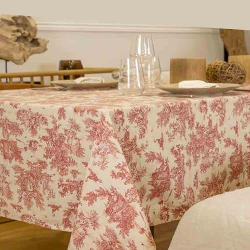 Générique Nappe Rectangulaire en Coton, Motif Toile de Jouy Mini Pastorale, Rouge et Naturel, 200 x 155 cm