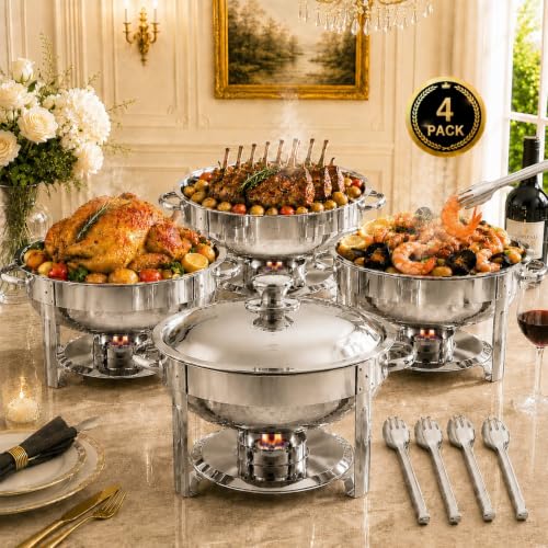Chafing Dishes for Buffet, 4 Pack 6QT Round Stainless Steel, Silver