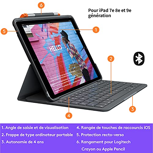 Logitech Slim Folio, étui clavier pour iPad (7e, 8e et 9e générations) avec clavier sans fil intégré, Clavier Français AZERTY - Graphite