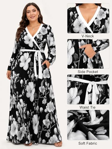 Image of PinkPatty Women's Long Sleeve Maxi Dress Plus Size Trendy Wedding Guest Dress with Pockets&Belt