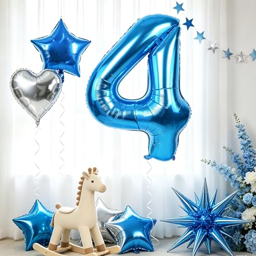 Image of TONIFUL 4th Birthday Balloons Kit 40 Inch Blue Large Number 4 Foil Balloon