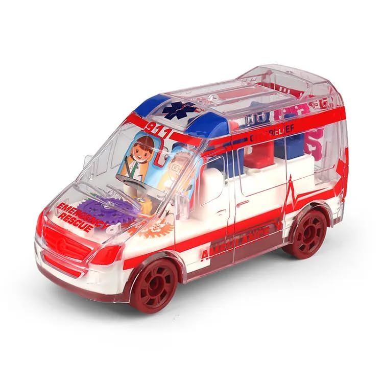 KOKEE TOYS Transparent Gear Ambulance Police Racing Car Jeep Vehicle Toy for Kids|Boys|Girls with Light & Music and Bump & go Action (Color-as Shown), +3years.