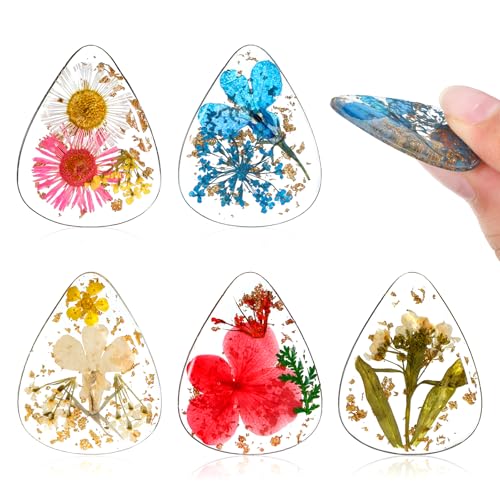 QFGasre 5 Pcs Flower Guitar Picks Dried Flower PET Guitar Picks Floral Bass Pick Stylish Cool Guitars Pickfor Acoustic Guitars Ukulele Bass Classical Triangle Colorful