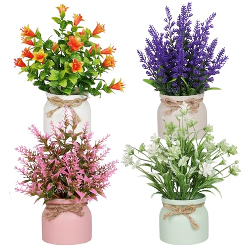 Yoratee 4pcs Artificial Pot Flowers Small Fake Plants with Pot Mini Potted Plants for House Office Tabletop Decoration