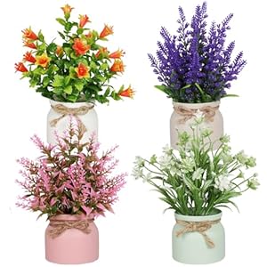 4pcs Artificial Pot Flowers Small Fake Plants with Pot Mini Potted Plants for House Office Tabletop Decoration