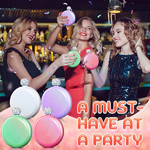 4 Pcs Cute Liquor Flask for Women 5 oz 304 Stainless Steel Flask for Whiskey Liquor Glitter Coating Flask Portable Wine Flask with Shining Rhinestone Cap and 4 Funnels for Drink Bar (Pastel Color)