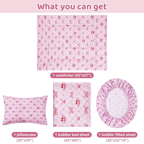 Image of lasoftan Toddler Bedding Set, Toddler Bed Comforter Sets for Girls, Toddler Bed Set, Pink Cherry Printed