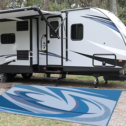 EEZ RV Products 9'x12'Blue Heavy Duty Reversible/Durable Outdoor Patio/RVing Mats(9ft x12ft Blue) Come with Large Storage Bag & 6 Sets of Stakes and