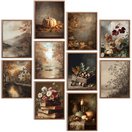 Benjia 10Pcs 8x10 inch Fall Wall Art Prints, Retro Rustic Aesthetic Vintage Autumn Scenery Posters for Living Room Bedroom Fall Thanksgiving Decorations (Unframed, Style 01)