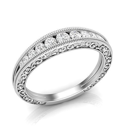 White Gold Vintage Filigree Wedding Band Art Deco Diamond Band Milgrain Stackable Band Channel Band For Her Real Diamonds 14K or 10K