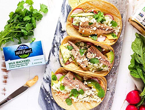 Wild Planet Wild Mackerel Fillets in Organic Extra Virgin Olive Oil, Skinless & Boneless, Tinned Fish, 4.4 Ounce ( Pack of 12)