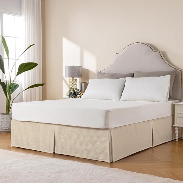 MIYE Pleated Waffle Weave Bed Skirt, Tailored Dust Ruffle 16 Inch Drop Easy Fit, Machine Washable,No Split Corners (Beige, Queen - 16" Drop) by MIYE - Used condition - Image 4
