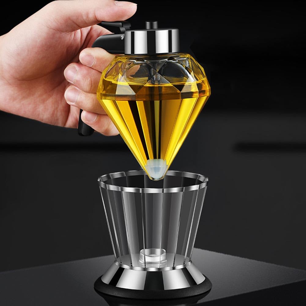 Distributeur de Miel en Verre 200ml, Pot à Miel Design Diamant avec Base Anti-Goutte, Contrôle à Une Main pour Sirop, Huile et Condiments, Bouteille Réutilisable avec Support en Silicone Antidérapant